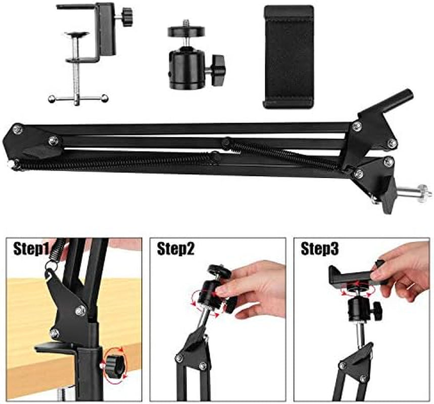 Overhead Video Stand Phone Holder Articulating Arm Phone Mount Table Top Scissor Boom Arm Articulating Phone Stand Tablet Phone Holder for Streaming Phone Baking Crafting