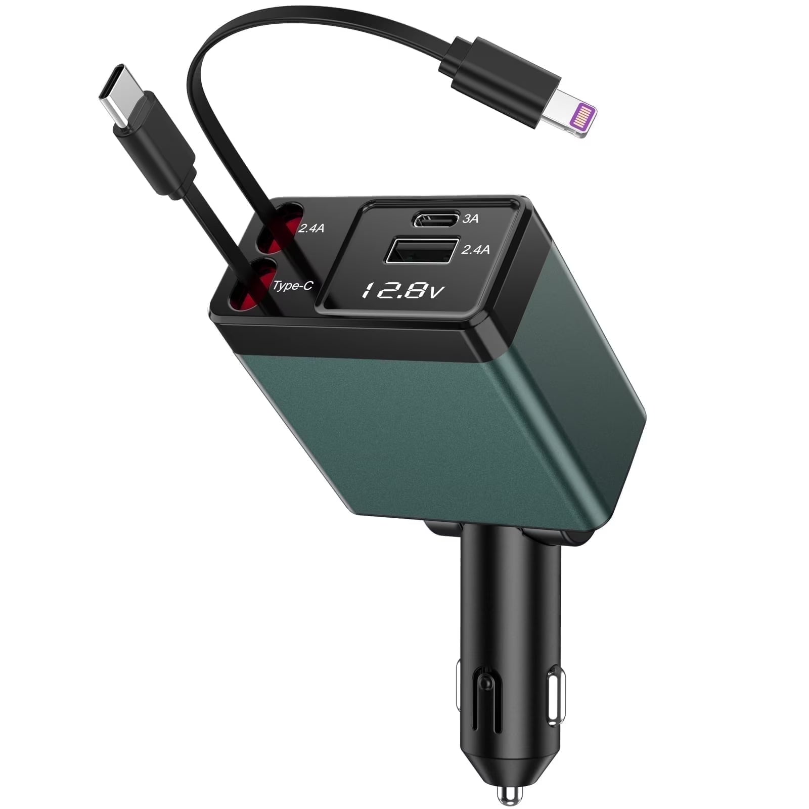 Retractable Car Charger Adapter,150W Fast Charger for Car, 4 in 1 Car Phone Charger with Cables(2.6Ft),180° Adjustable,Voltage Display-Green