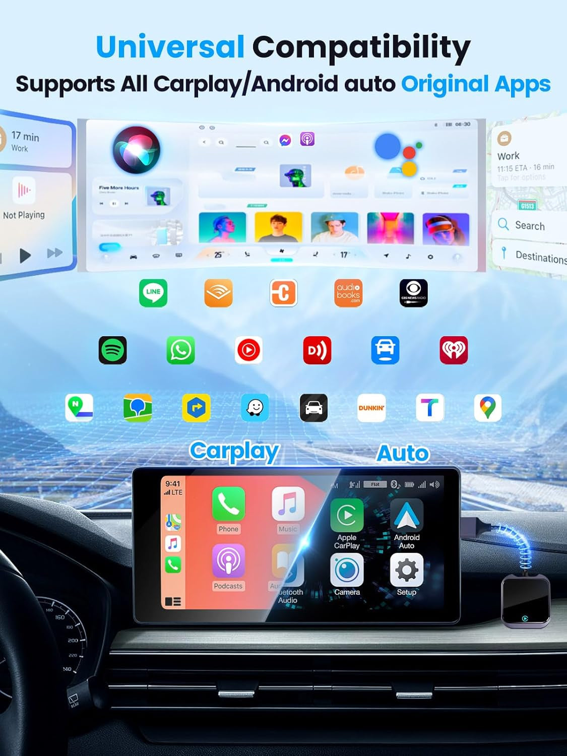 Wireless Carplay and Android Auto Adapter with Fast Stable 5Ghz Wifi Bluetooth, Wireless Android Auto Car Adapter Applies to Cars after 2016 & Phone with Android11+& Usb-A/Type-C (Purple)